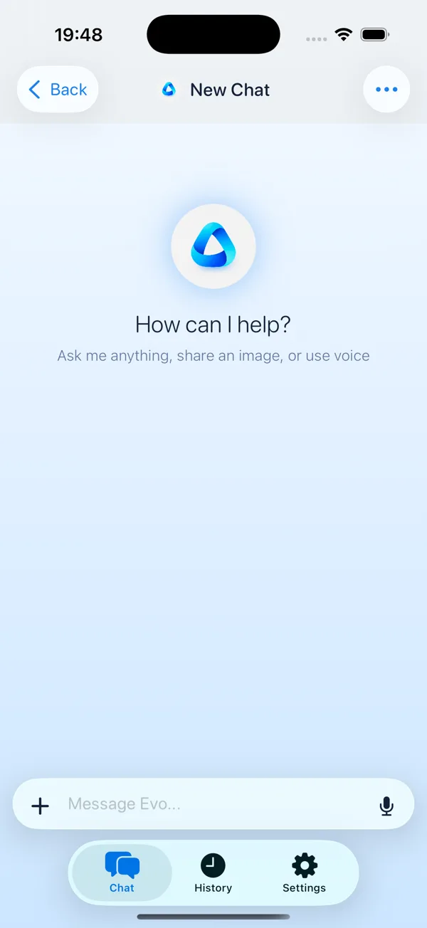 Evo AI Pro screen: New chat